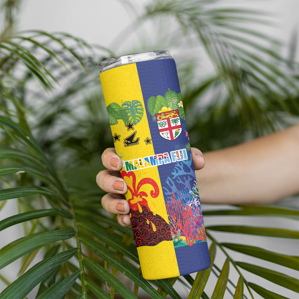 Malampa Fiji Day Skinny Tumbler Volcano and Coral Reef with Culture Patterns Split Style LT03 - Polynesian Pride