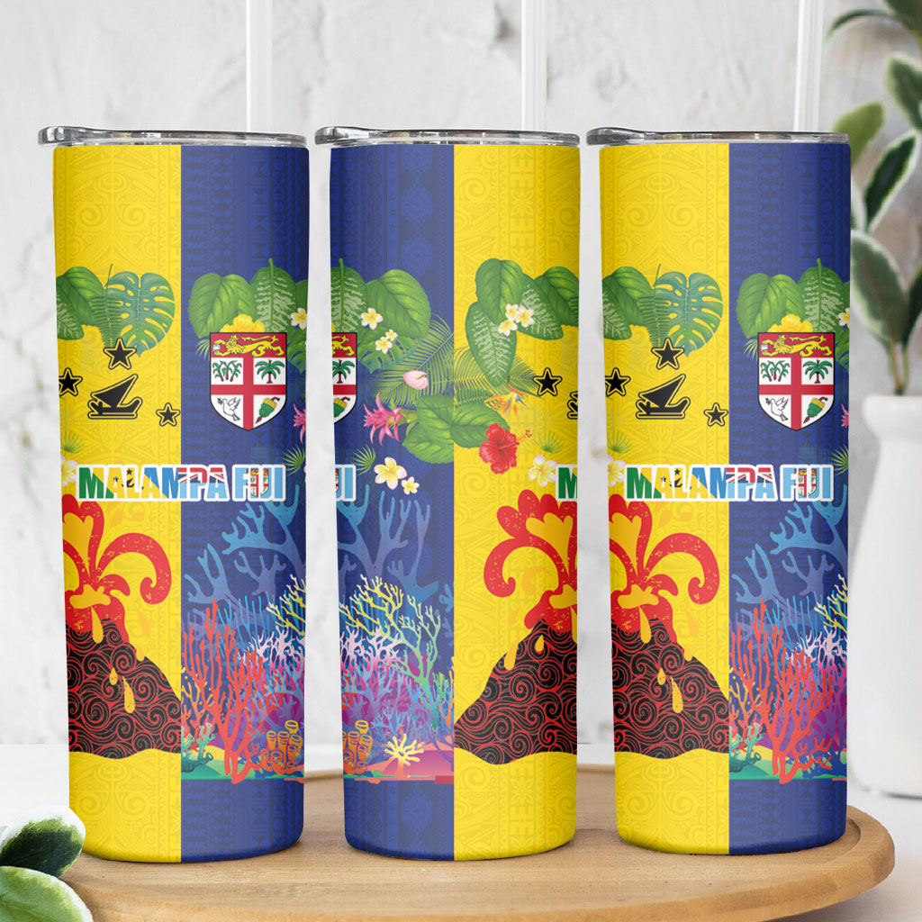 Malampa Fiji Day Skinny Tumbler Volcano and Coral Reef with Culture Patterns Split Style LT03 - Polynesian Pride