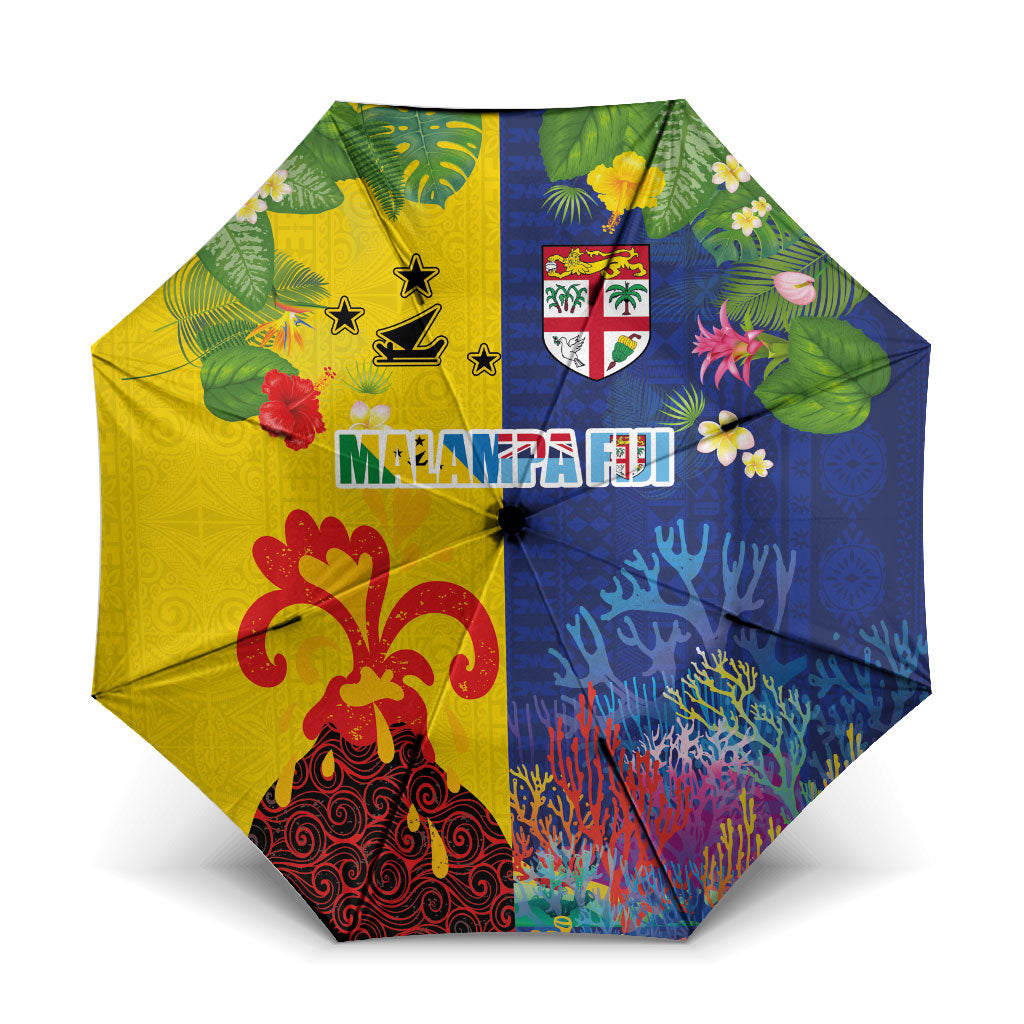 Malampa Fiji Day Umbrella Volcano and Coral Reef with Culture Patterns Split Style LT03 One Size Folded 11.42 inch Opened Diameter 37.4 inch Multicolor - Polynesian Pride