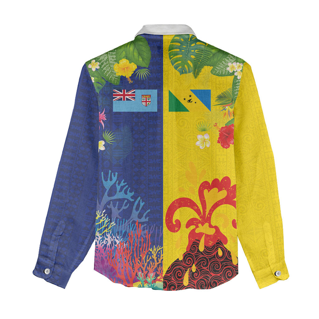Malampa Fiji Day Women Casual Shirt Volcano and Coral Reef with Culture Patterns Split Style LT03 - Polynesian Pride