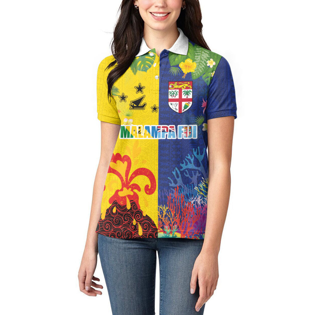 Malampa Fiji Day Women Polo Shirt Volcano and Coral Reef with Culture Patterns Split Style LT03 - Polynesian Pride