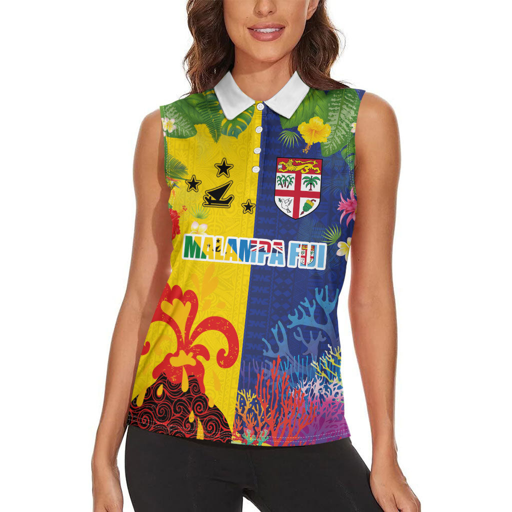 Malampa Fiji Day Women Sleeveless Polo Shirt Volcano and Coral Reef with Culture Patterns Split Style LT03 - Polynesian Pride
