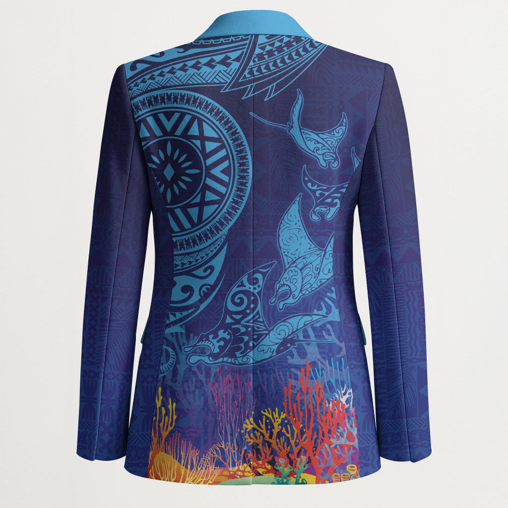 Fijian Tribal Manta Ray Blazer Masi Motif with Coral Reef Ocean Vibe LT03 - Polynesian Pride