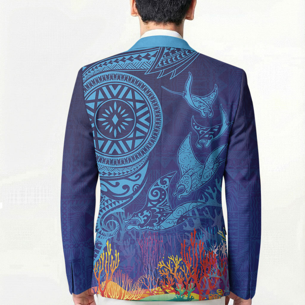 Fijian Tribal Manta Ray Blazer Masi Motif with Coral Reef Ocean Vibe LT03 - Polynesian Pride