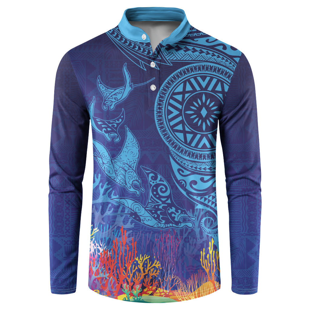 Fijian Tribal Manta Ray Button Sweatshirt Masi Motif with Coral Reef Ocean Vibe LT03 Blue - Polynesian Pride