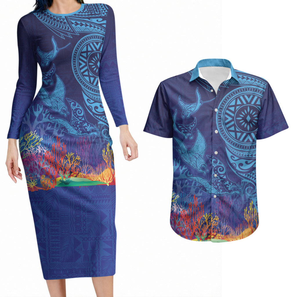 Fijian Tribal Manta Ray Couples Matching Long Sleeve Bodycon Dress and Hawaiian Shirt Masi Motif with Coral Reef Ocean Vibe LT03 Blue - Polynesian Pride