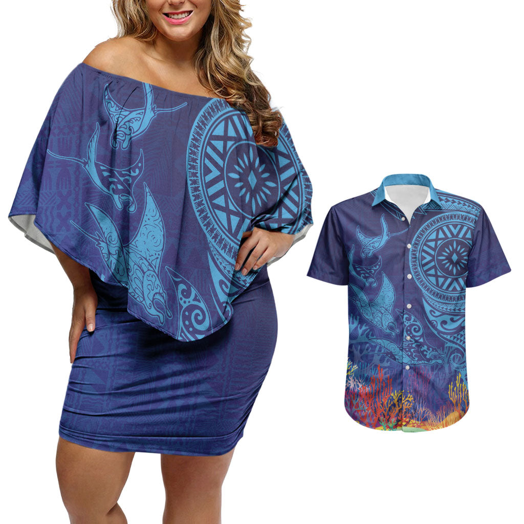 Fijian Tribal Manta Ray Couples Matching Off Shoulder Short Dress and Hawaiian Shirt Masi Motif with Coral Reef Ocean Vibe LT03 Blue - Polynesian Pride