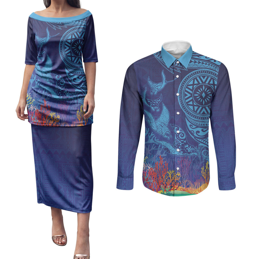Fijian Tribal Manta Ray Couples Matching Puletasi and Long Sleeve Button Shirt Masi Motif with Coral Reef Ocean Vibe LT03 Blue - Polynesian Pride
