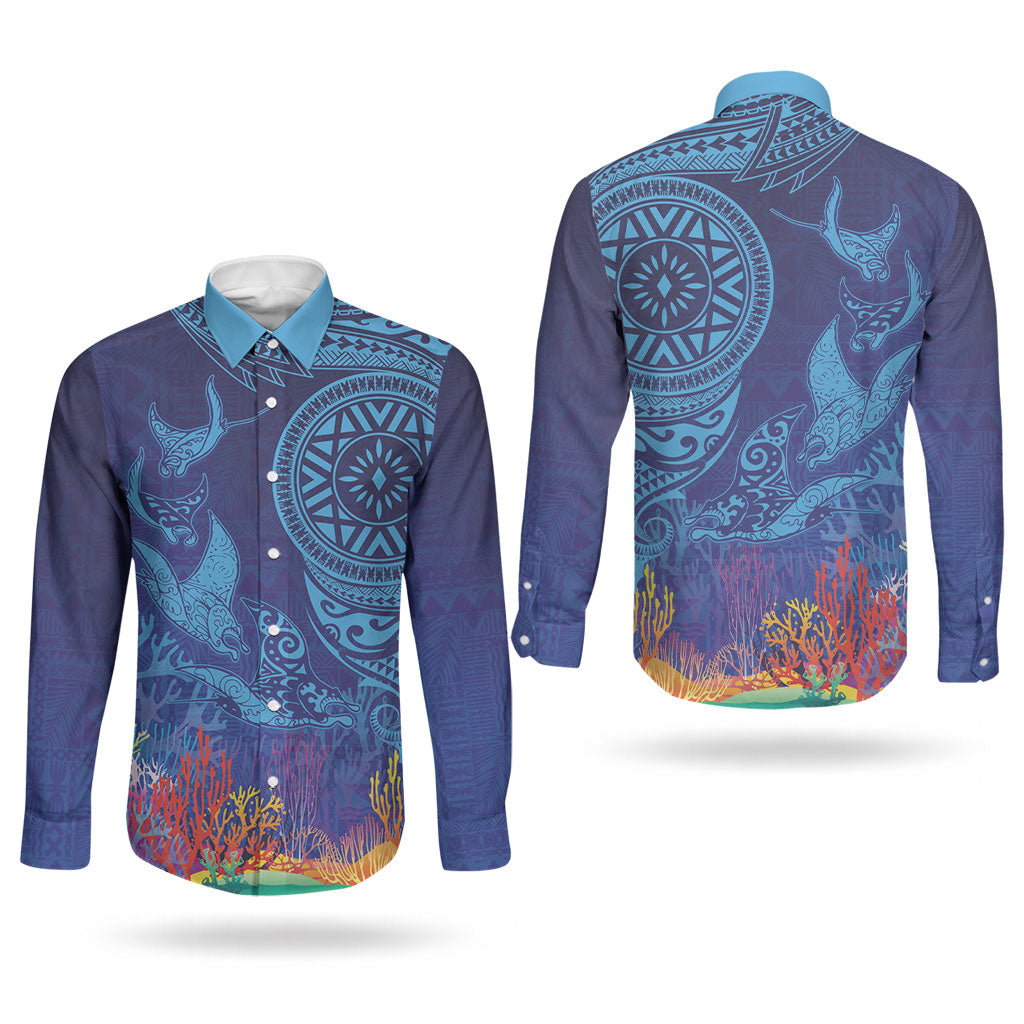 Fijian Tribal Manta Ray Couples Matching Summer Maxi Dress and Long Sleeve Button Shirt Masi Motif with Coral Reef Ocean Vibe LT03 - Polynesian Pride