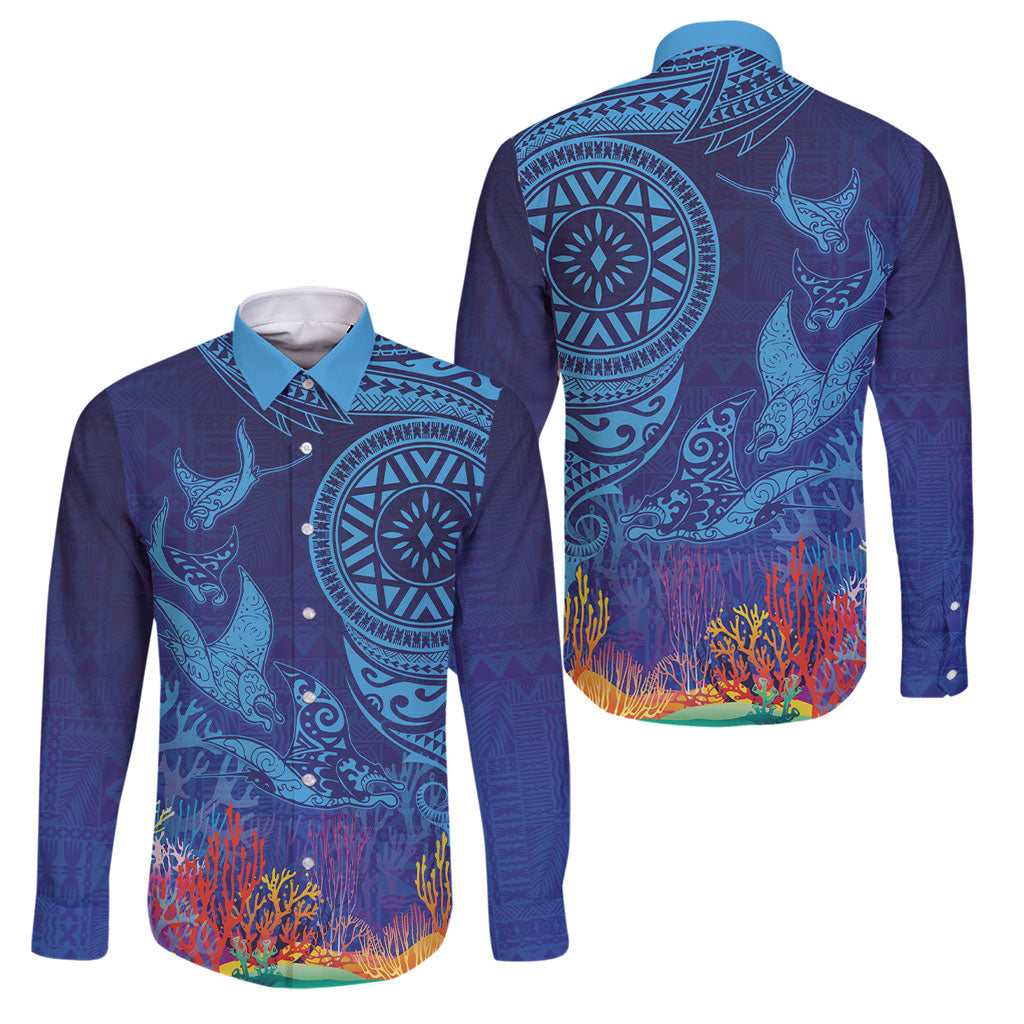 Fijian Tribal Manta Ray Family Matching Long Sleeve Bodycon Dress and Hawaiian Shirt Masi Motif with Coral Reef Ocean Vibe LT03 Dad's Shirt - Long Sleeve Blue - Polynesian Pride