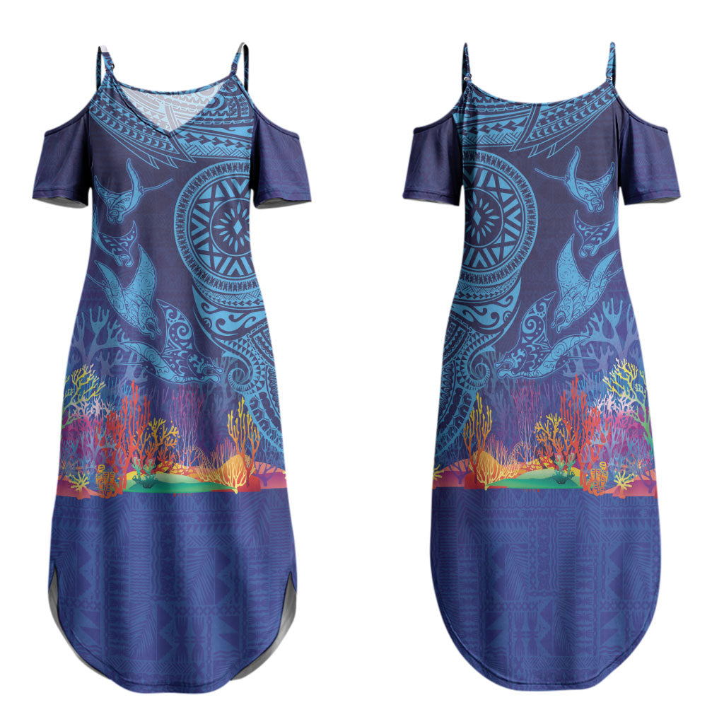 Fijian Tribal Manta Ray Family Matching Summer Maxi Dress and Hawaiian Shirt Masi Motif with Coral Reef Ocean Vibe LT03 Mom's Dress Blue - Polynesian Pride