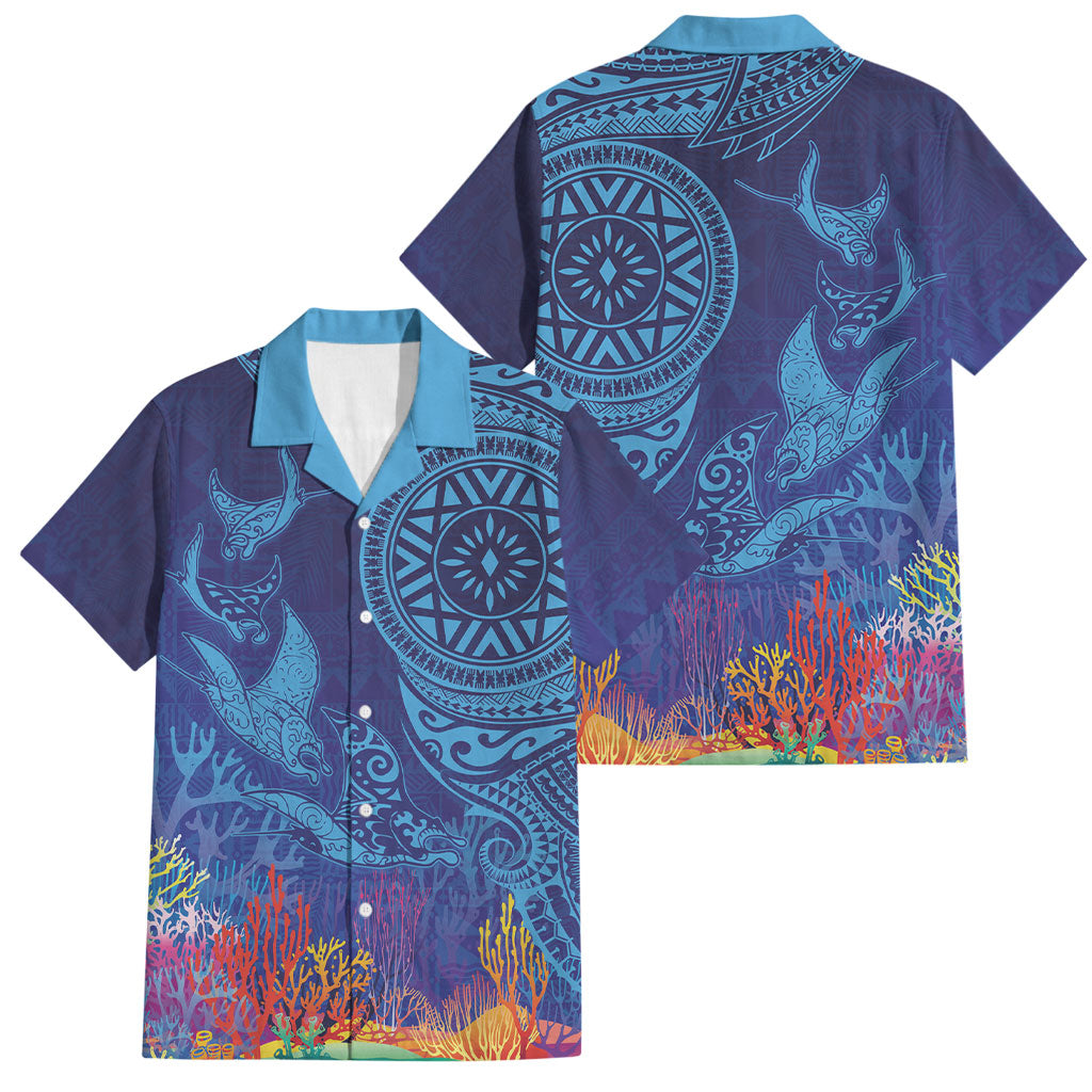 Fijian Tribal Manta Ray Family Matching Summer Maxi Dress and Hawaiian Shirt Masi Motif with Coral Reef Ocean Vibe LT03 Dad's Shirt - Short Sleeve Blue - Polynesian Pride