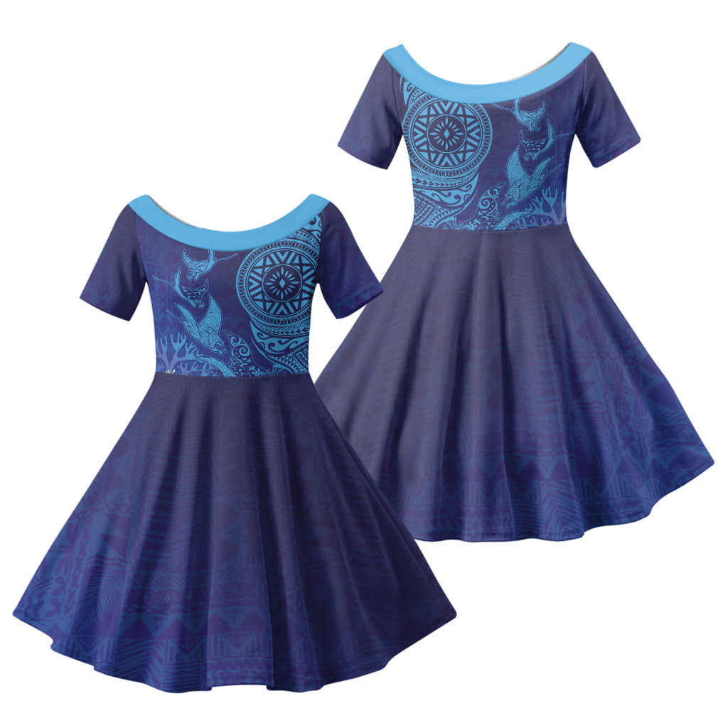 Fijian Tribal Manta Ray Family Matching Summer Maxi Dress and Hawaiian Shirt Masi Motif with Coral Reef Ocean Vibe LT03 Daughter's Dress Blue - Polynesian Pride