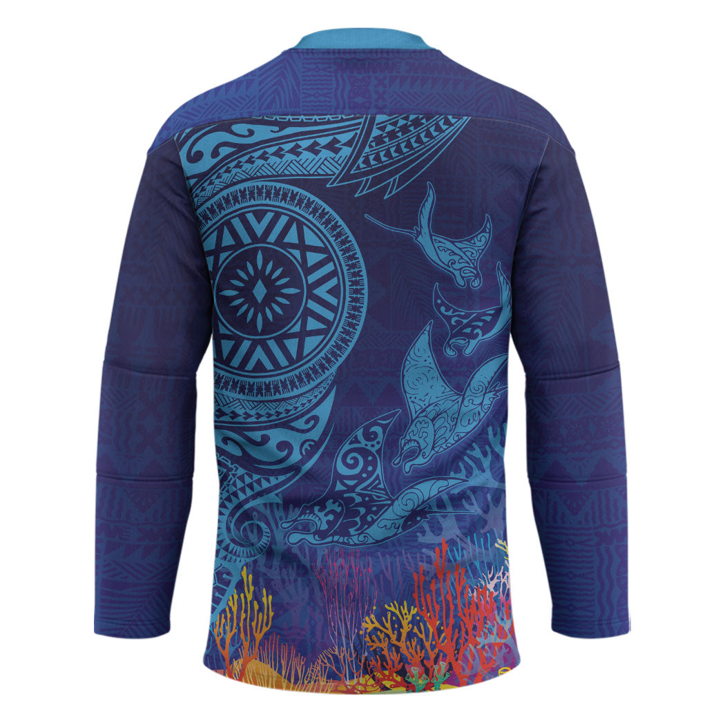 Fijian Tribal Manta Ray Hockey Jersey Masi Motif with Coral Reef Ocean Vibe LT03 - Polynesian Pride