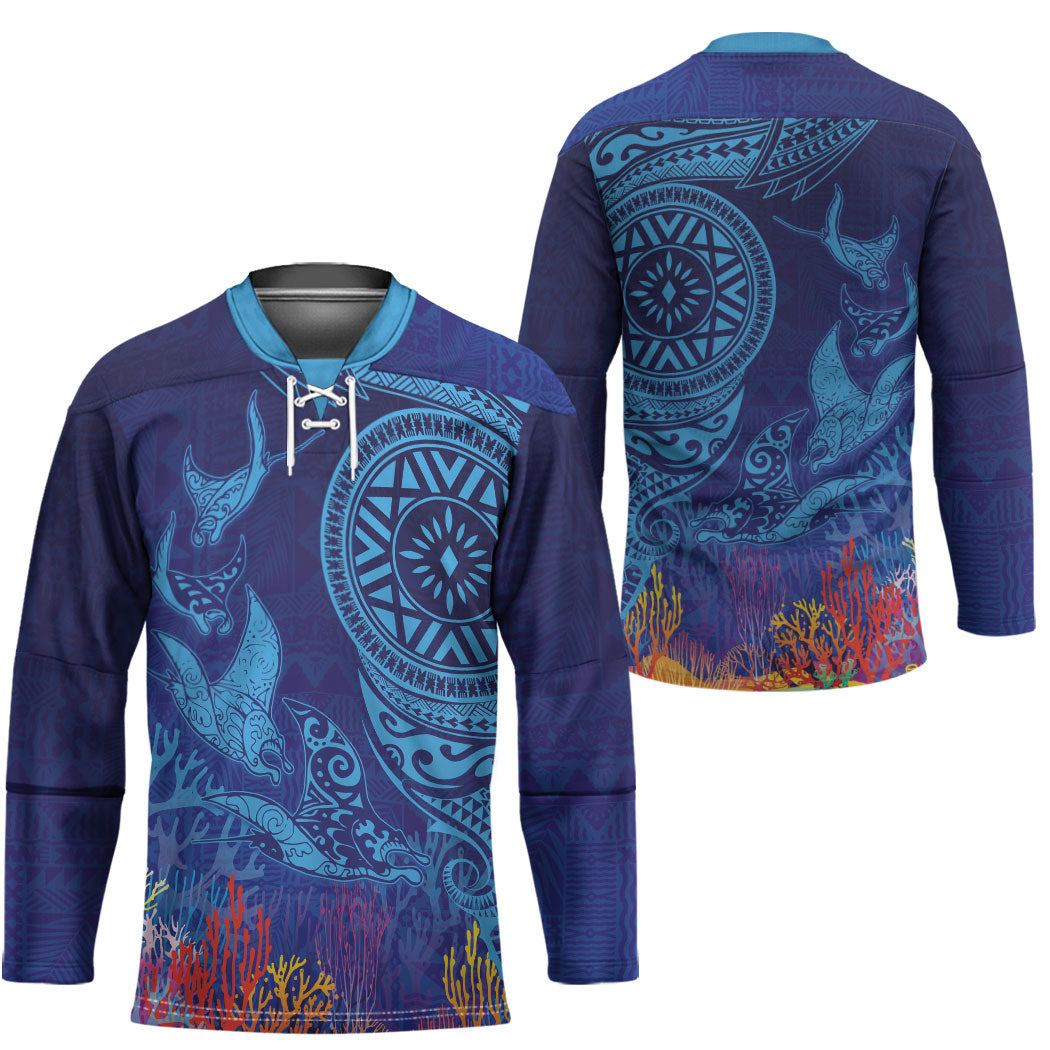 Fijian Tribal Manta Ray Hockey Jersey Masi Motif with Coral Reef Ocean Vibe LT03 - Polynesian Pride