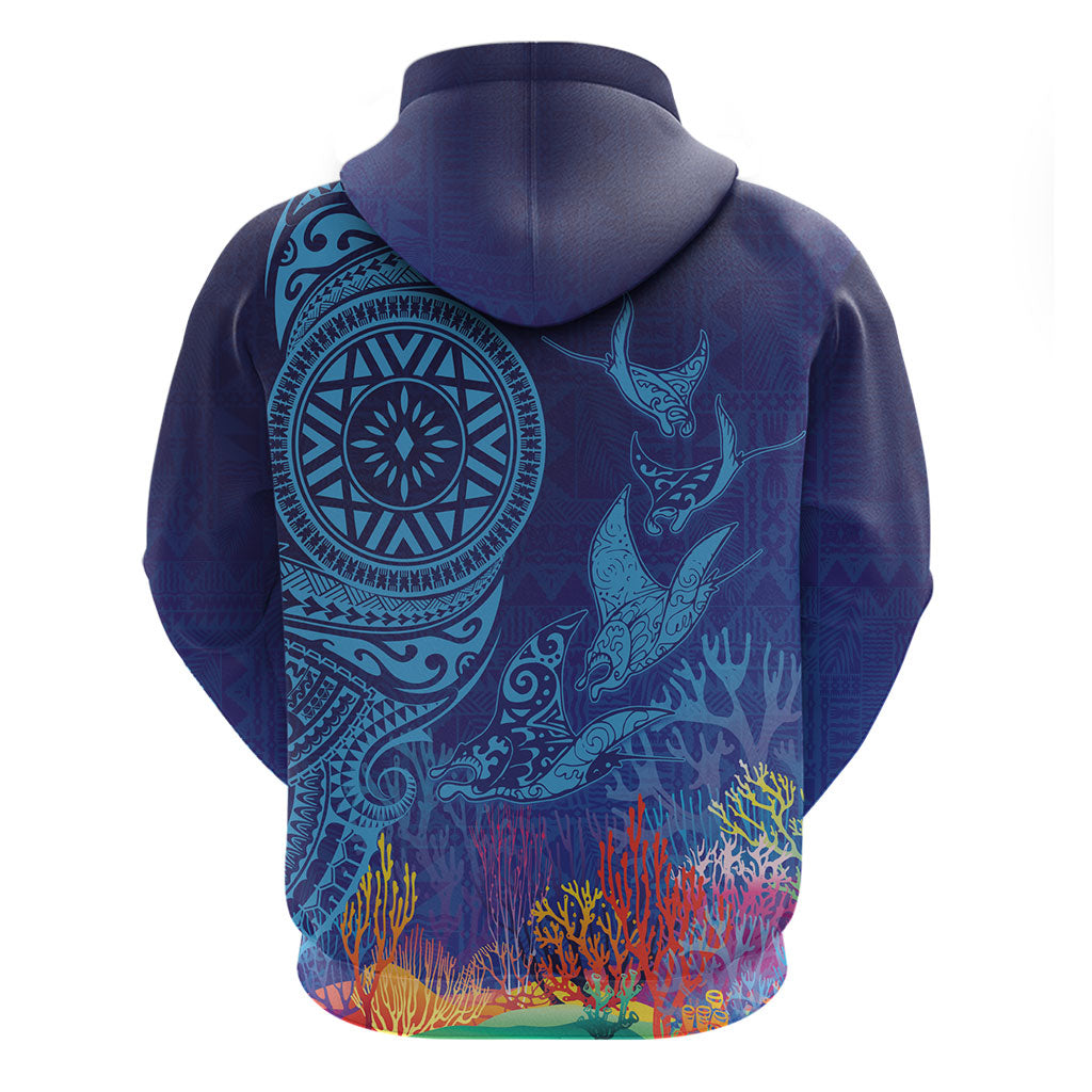 Fijian Tribal Manta Ray Hoodie Masi Motif with Coral Reef Ocean Vibe LT03 - Polynesian Pride