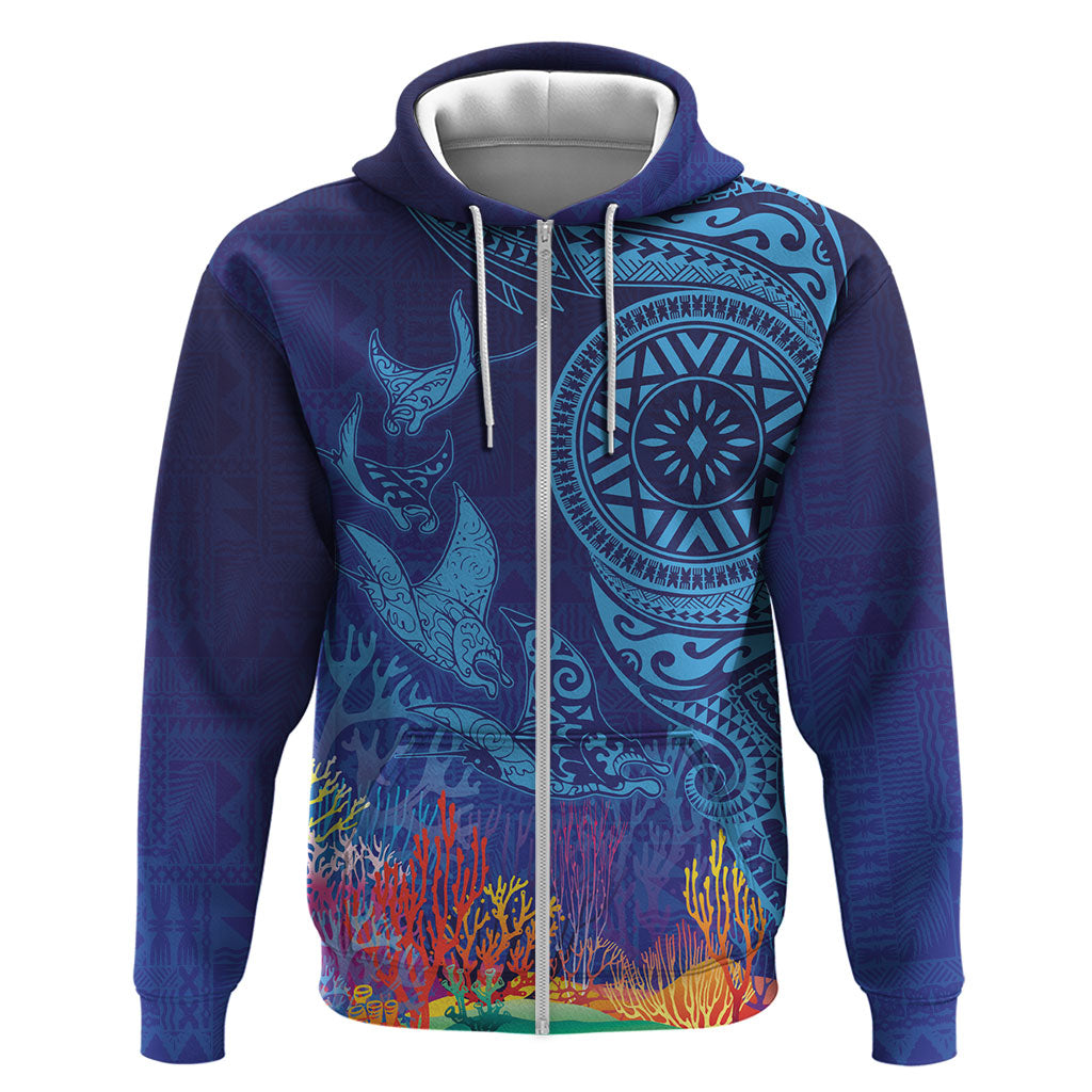 Fijian Tribal Manta Ray Hoodie Masi Motif with Coral Reef Ocean Vibe LT03 Zip Hoodie Blue - Polynesian Pride