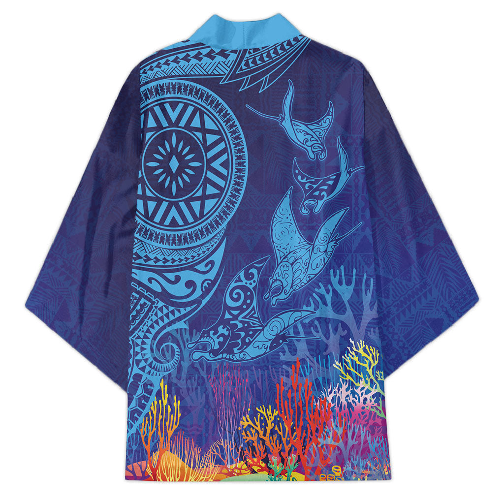 Fijian Tribal Manta Ray Kimono Masi Motif with Coral Reef Ocean Vibe LT03 - Polynesian Pride