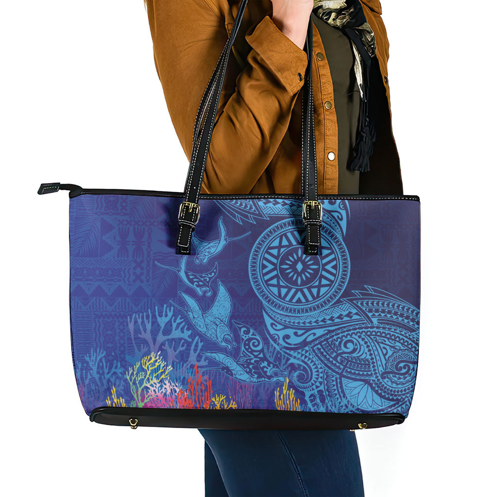 Fijian Tribal Manta Ray Leather Tote Bag Masi Motif with Coral Reef Ocean Vibe LT03 - Polynesian Pride