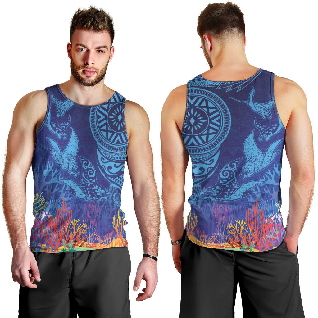 Fijian Tribal Manta Ray Men Tank Top Masi Motif with Coral Reef Ocean Vibe LT03 - Polynesian Pride