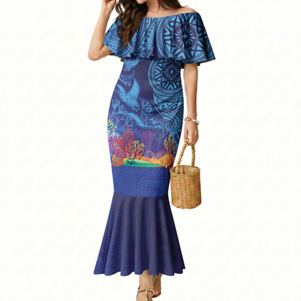 Fijian Tribal Manta Ray Mermaid Dress Masi Motif with Coral Reef Ocean Vibe LT03 Women Blue - Polynesian Pride