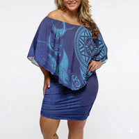 Fijian Tribal Manta Ray Off Shoulder Short Dress Masi Motif with Coral Reef Ocean Vibe LT03 Women Blue - Polynesian Pride