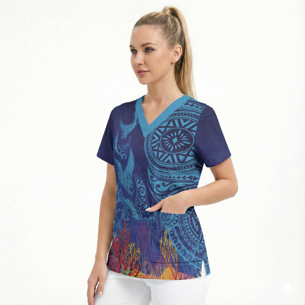 Fijian Tribal Manta Ray Scrub Top Masi Motif with Coral Reef Ocean Vibe LT03 - Polynesian Pride