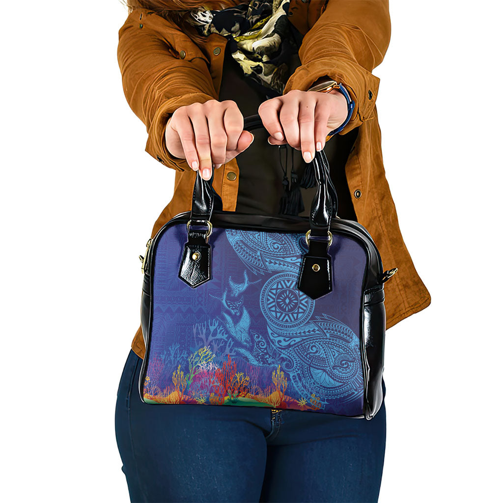 Fijian Tribal Manta Ray Shoulder Handbag Masi Motif with Coral Reef Ocean Vibe LT03 One Size Blue - Polynesian Pride