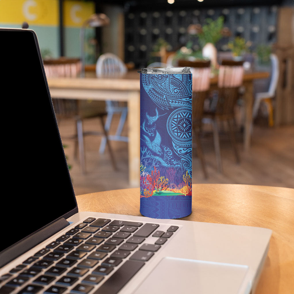 Fijian Tribal Manta Ray Skinny Tumbler Masi Motif with Coral Reef Ocean Vibe LT03 - Polynesian Pride