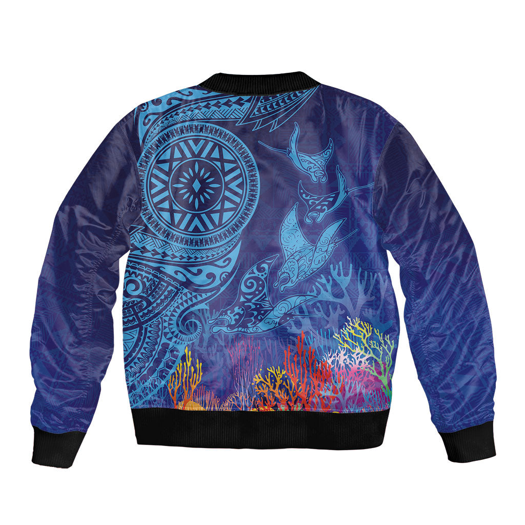 Fijian Tribal Manta Ray Sleeve Zip Bomber Jacket Masi Motif with Coral Reef Ocean Vibe LT03 - Polynesian Pride