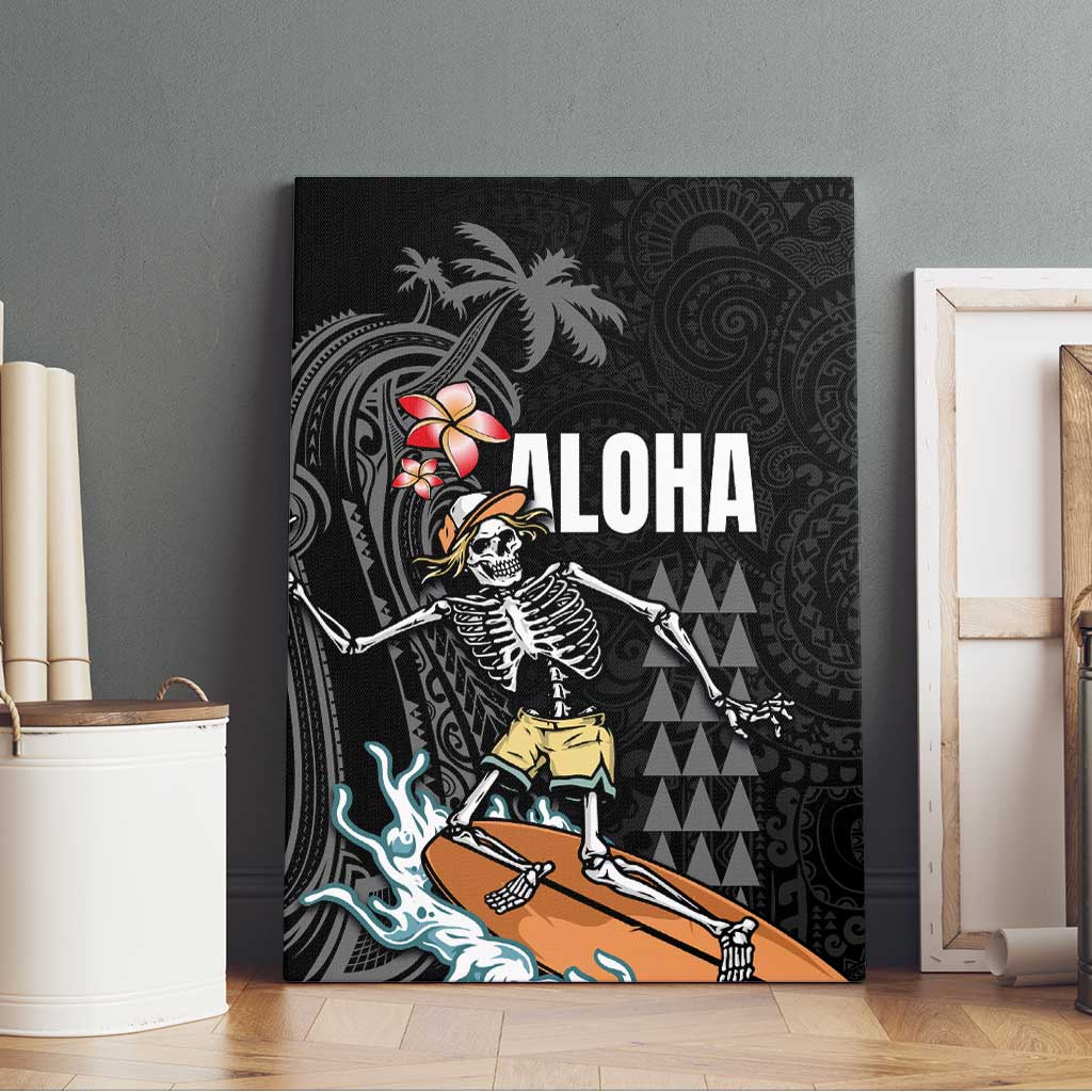Hawaiian Halloween Skeleton Surfing Canvas Wall Art Polynesian Tribal Tattoo and Hawaiian Pattern