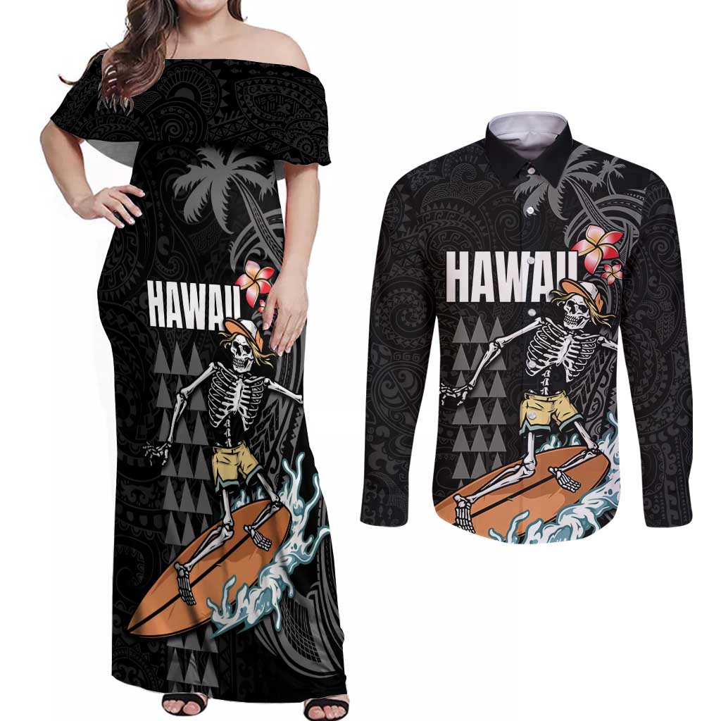 Hawaiian Halloween Skeleton Surfing Couples Matching Off Shoulder Maxi Dress and Long Sleeve Button Shirt Polynesian Tribal Tattoo and Hawaiian Pattern
