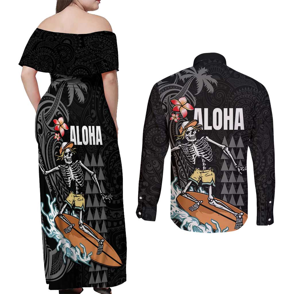 Hawaiian Halloween Skeleton Surfing Couples Matching Off Shoulder Maxi Dress and Long Sleeve Button Shirt Polynesian Tribal Tattoo and Hawaiian Pattern