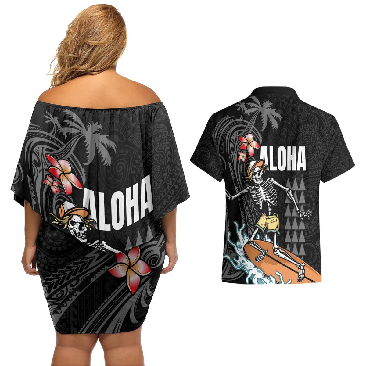 Hawaiian Halloween Skeleton Surfing Couples Matching Off Shoulder Short Dress and Hawaiian Shirt Polynesian Tribal Tattoo and Hawaiian Pattern