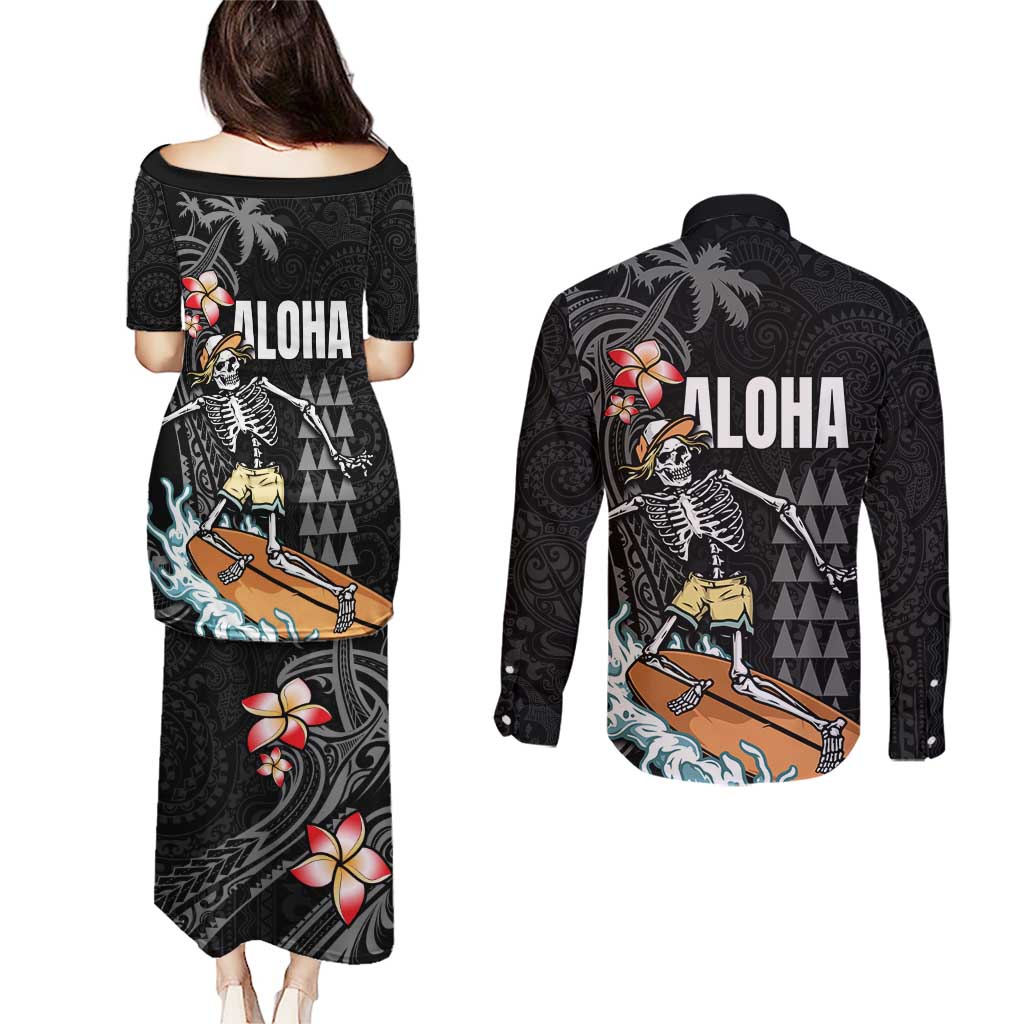 Hawaiian Halloween Skeleton Surfing Couples Matching Puletasi and Long Sleeve Button Shirt Polynesian Tribal Tattoo and Hawaiian Pattern LT03 - Polynesian Pride