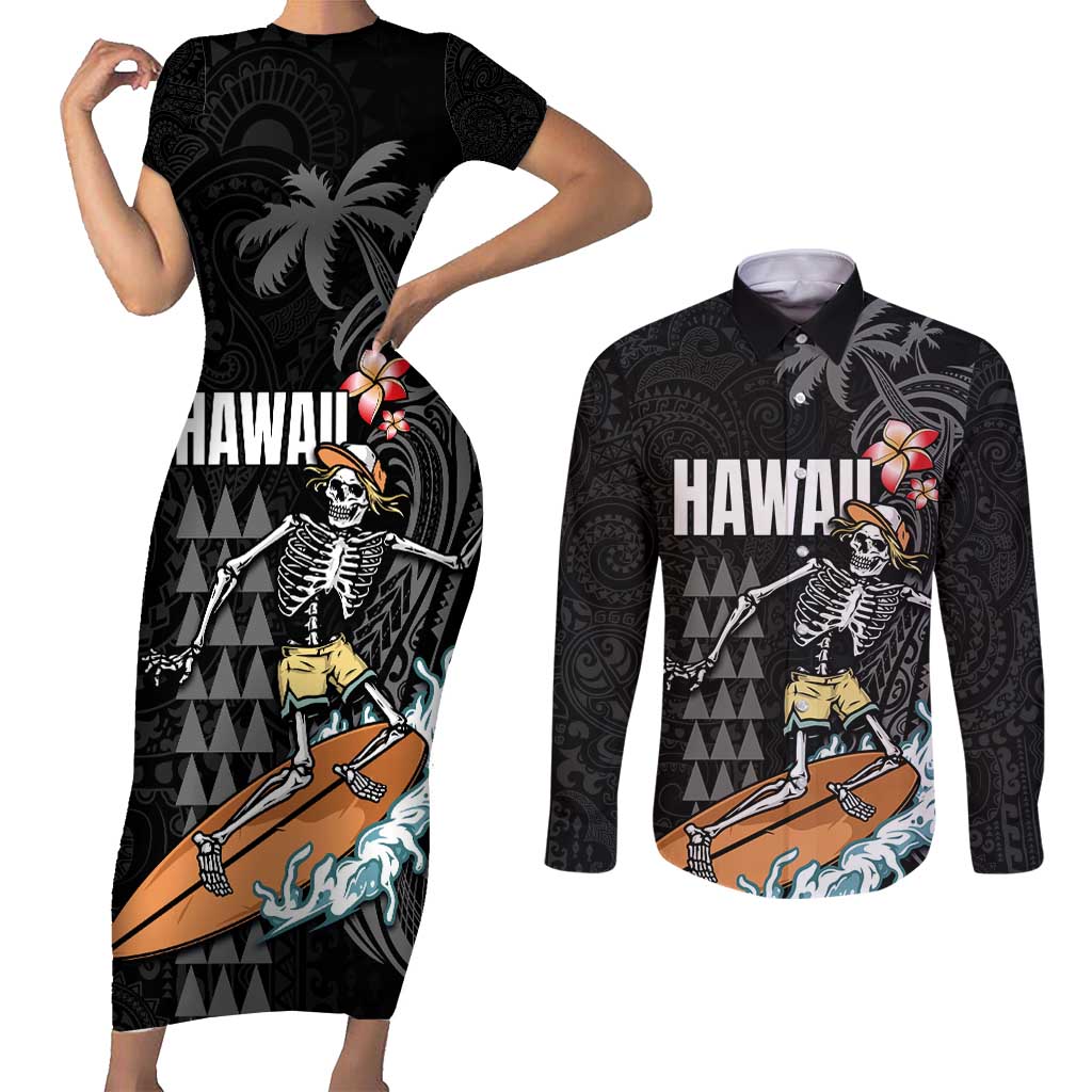Hawaiian Halloween Skeleton Surfing Couples Matching Short Sleeve Bodycon Dress and Long Sleeve Button Shirt Polynesian Tribal Tattoo and Hawaiian Pattern