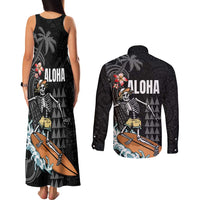 Hawaiian Halloween Skeleton Surfing Couples Matching Tank Maxi Dress and Long Sleeve Button Shirt Polynesian Tribal Tattoo and Hawaiian Pattern