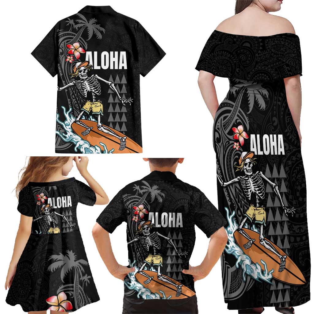 Hawaiian Halloween Skeleton Surfing Family Matching Off Shoulder Maxi Dress and Hawaiian Shirt Polynesian Tribal Tattoo and Hawaiian Pattern