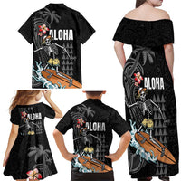 Hawaiian Halloween Skeleton Surfing Family Matching Off Shoulder Maxi Dress and Hawaiian Shirt Polynesian Tribal Tattoo and Hawaiian Pattern