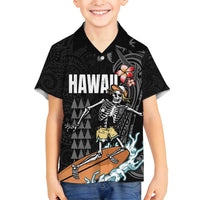 Hawaiian Halloween Skeleton Surfing Family Matching Summer Maxi Dress and Hawaiian Shirt Polynesian Tribal Tattoo and Hawaiian Pattern