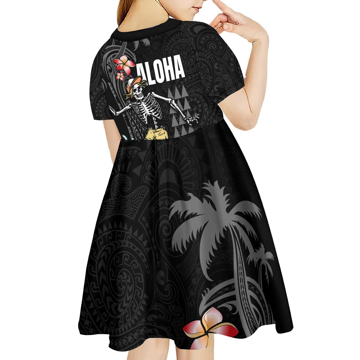 Hawaiian Halloween Skeleton Surfing Kid Short Sleeve Dress Polynesian Tribal Tattoo and Hawaiian Pattern