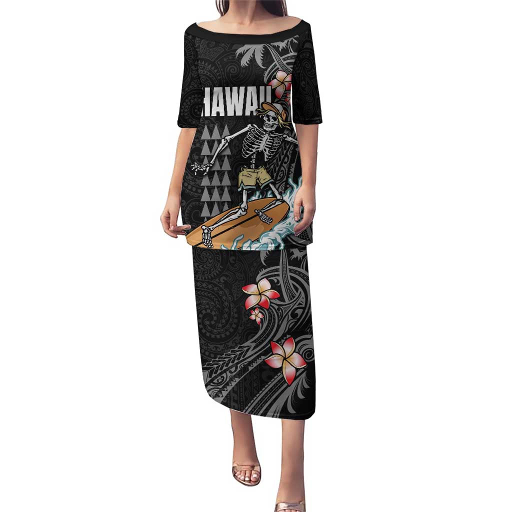 Hawaiian Halloween Skeleton Surfing Puletasi Polynesian Tribal Tattoo and Hawaiian Pattern