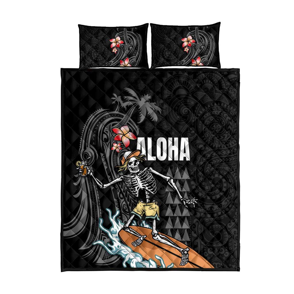 Hawaiian Halloween Skeleton Surfing Quilt Bed Set Polynesian Tribal Tattoo and Hawaiian Pattern