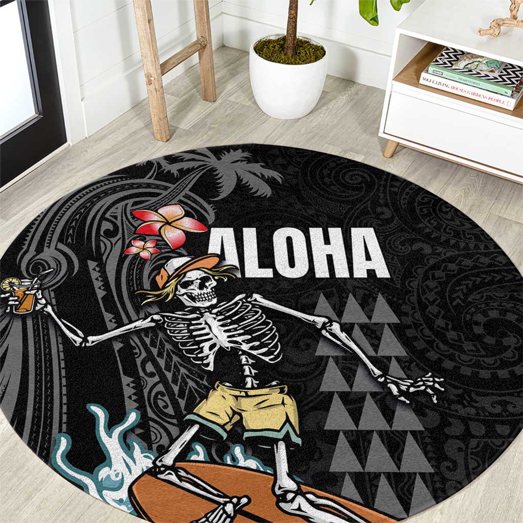 Hawaiian Halloween Skeleton Surfing Round Carpet Polynesian Tribal Tattoo and Hawaiian Pattern LT03 Black - Polynesian Pride