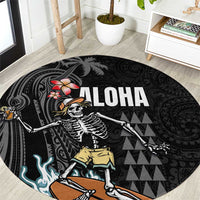 Hawaiian Halloween Skeleton Surfing Round Carpet Polynesian Tribal Tattoo and Hawaiian Pattern LT03 Black - Polynesian Pride