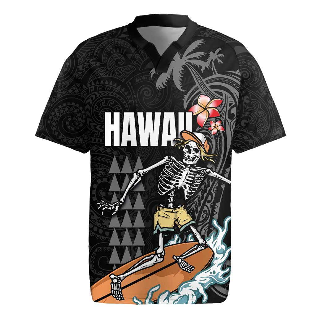 Hawaiian Halloween Skeleton Surfing Rugby Jersey Polynesian Tribal Tattoo and Hawaiian Pattern