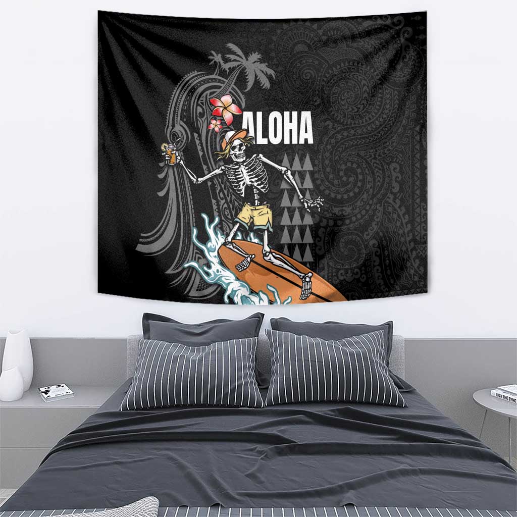 Hawaiian Halloween Skeleton Surfing Tapestry Polynesian Tribal Tattoo and Hawaiian Pattern LT03 - Polynesian Pride