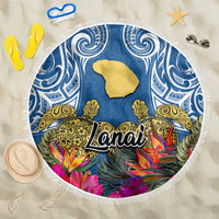 Hawaii Lanai Island Beach Blanket Hibiscus Turle and Map with Polynesian Spiral LT03 One Size 150cm Blue - Wonder Print Shop