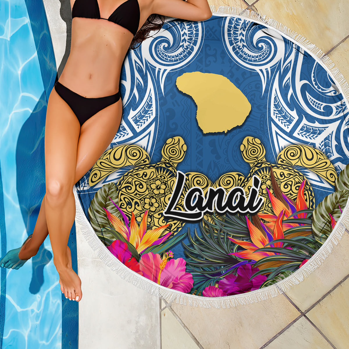 Hawaii Lanai Island Beach Blanket Hibiscus Turle and Map with Polynesian Spiral LT03 - Wonder Print Shop