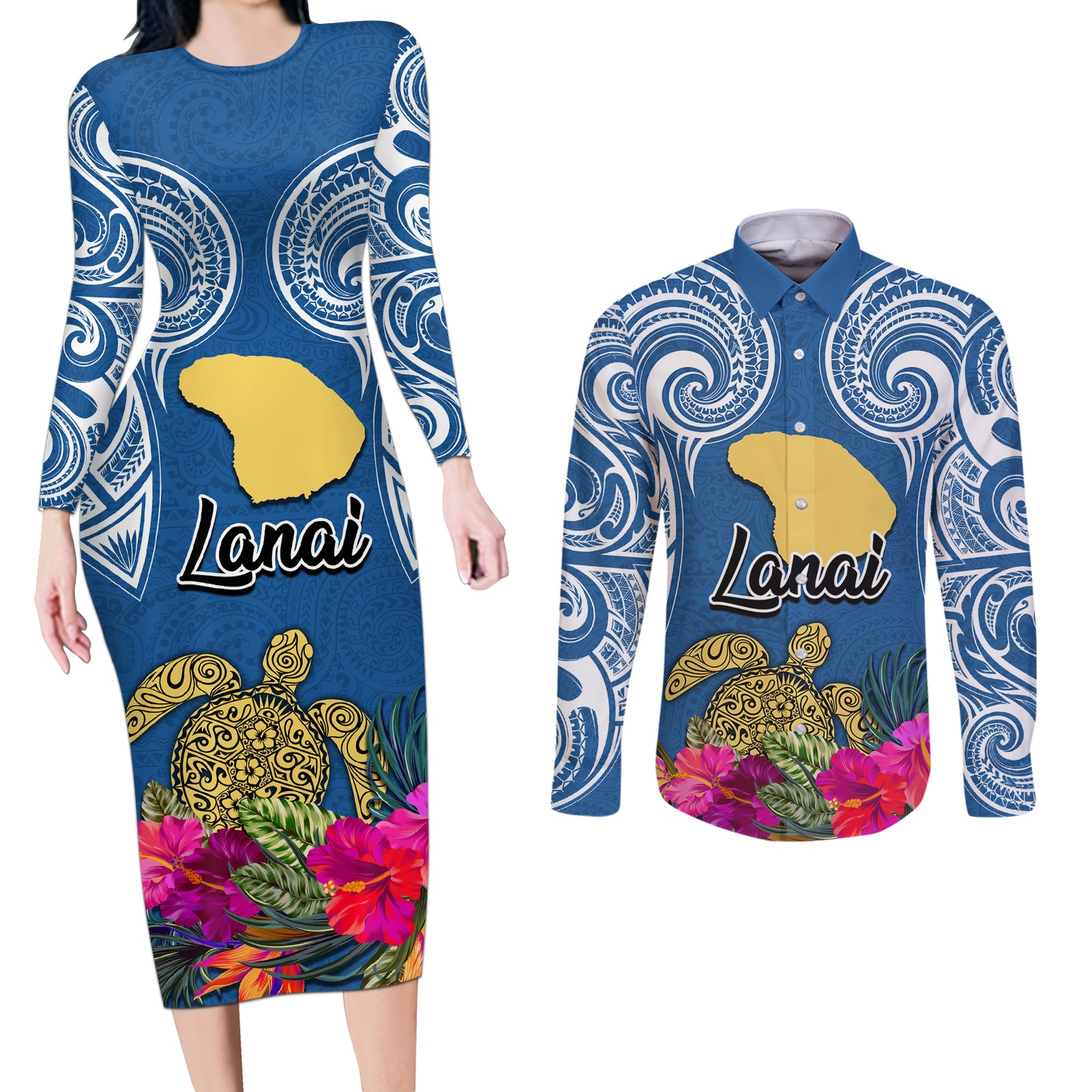 Hawaii Lanai Island Couples Matching Long Sleeve Bodycon Dress and Long Sleeve Button Shirts Hibiscus Turle and Map with Polynesian Spiral LT03 Blue - Polynesian Pride